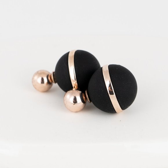 Double Ball Earrings Black Rose Gold Toned Large Chic Push Back Reversable Stud - Picture 1 of 5